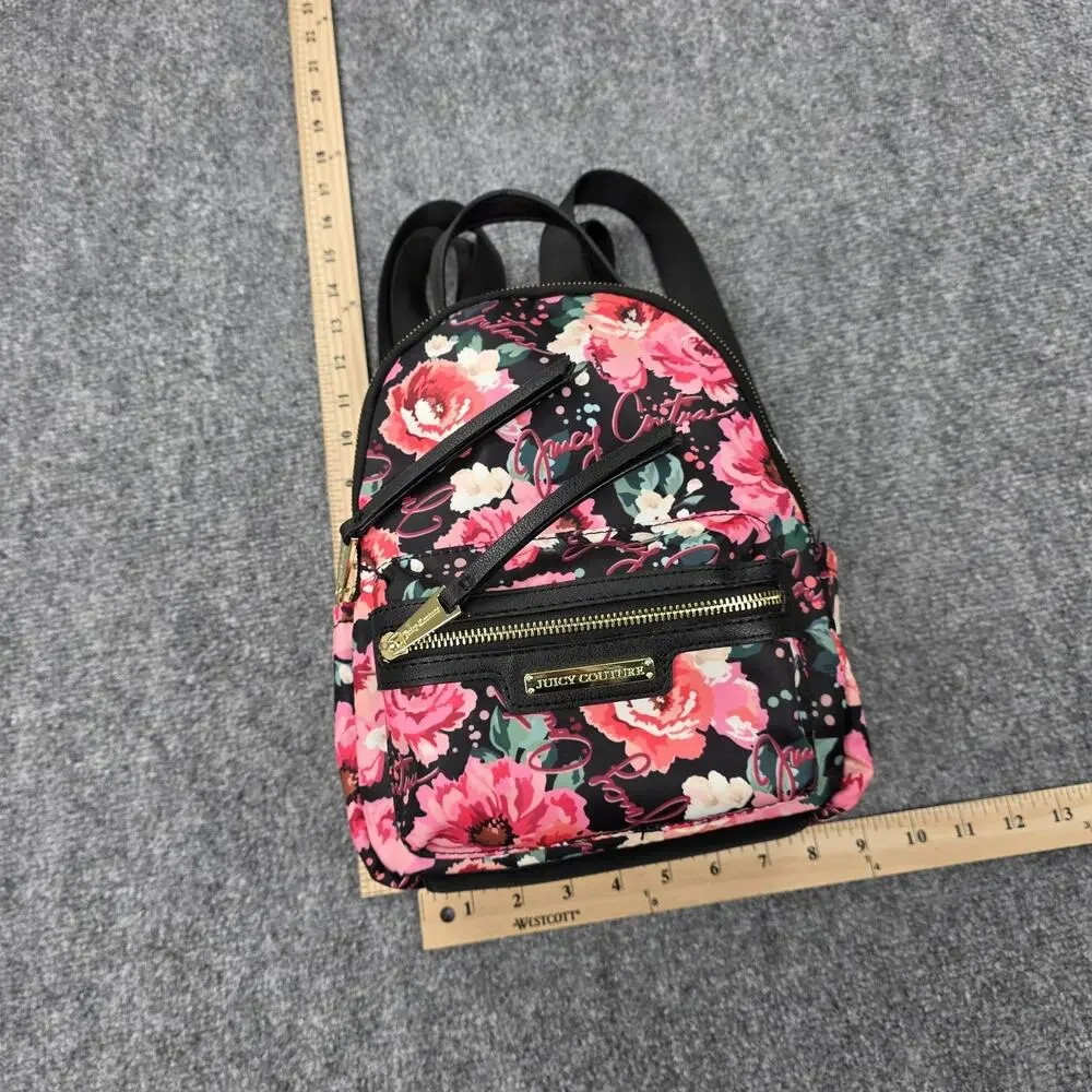 Juicy Couture Backpack Womens Mini Black Floral Rose Print Casual Daypack Zip